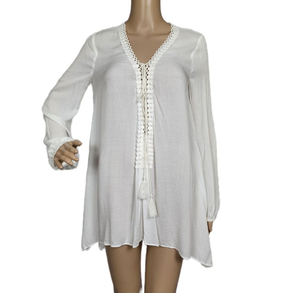Max Studio White Gauze Kaftan Tunic Top Crochet Lace Trim - Small